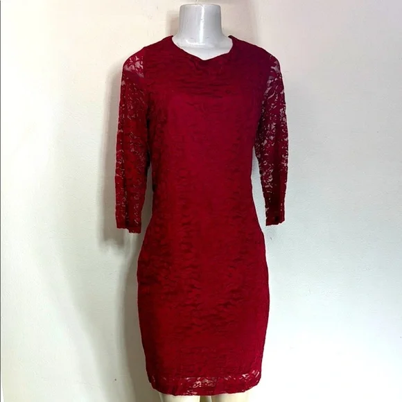 (N3) Wishes Wishes Wishes Red vintage Lace Long Sleeve Dress, Sz L - Picture 2 of 10